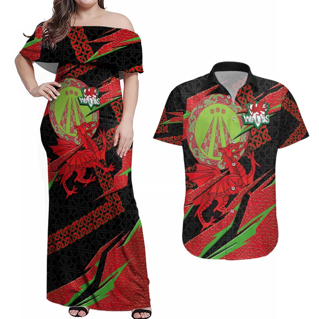Welsh Celtic-Awen Couples Matching Off Shoulder Maxi Dress and Hawaiian Shirt Wales Y Ddraig Goch with Celtic Knot Sporty - Wonder Print Shop