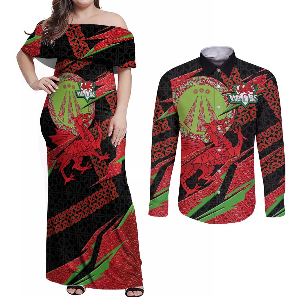 Welsh Celtic-Awen Couples Matching Off Shoulder Maxi Dress and Long Sleeve Button Shirt Wales Y Ddraig Goch with Celtic Knot Sporty - Wonder Print Shop