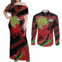 Welsh Celtic-Awen Couples Matching Off Shoulder Maxi Dress and Long Sleeve Button Shirt Wales Y Ddraig Goch with Celtic Knot Sporty - Wonder Print Shop