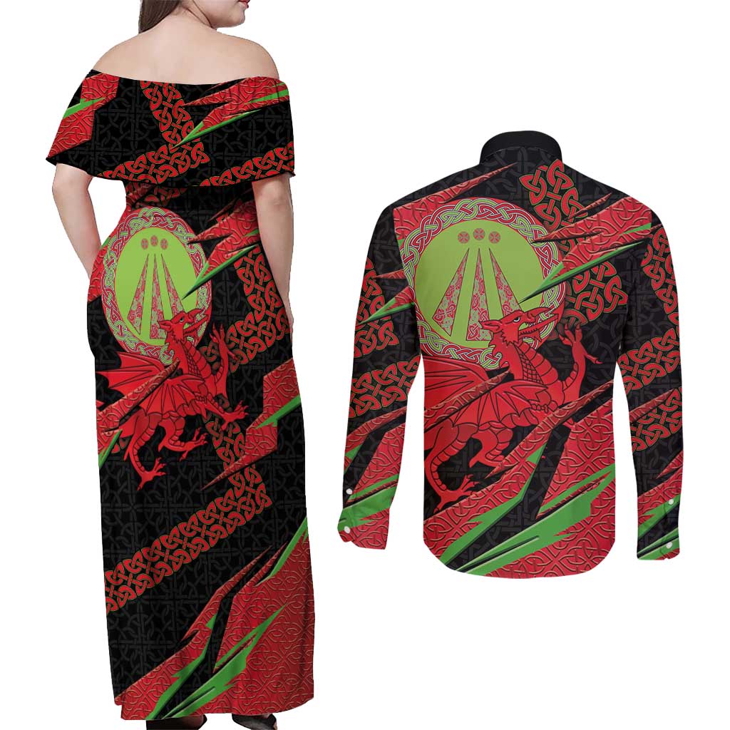 Welsh Celtic-Awen Couples Matching Off Shoulder Maxi Dress and Long Sleeve Button Shirt Wales Y Ddraig Goch with Celtic Knot Sporty - Wonder Print Shop
