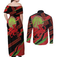 Welsh Celtic-Awen Couples Matching Off Shoulder Maxi Dress and Long Sleeve Button Shirt Wales Y Ddraig Goch with Celtic Knot Sporty - Wonder Print Shop