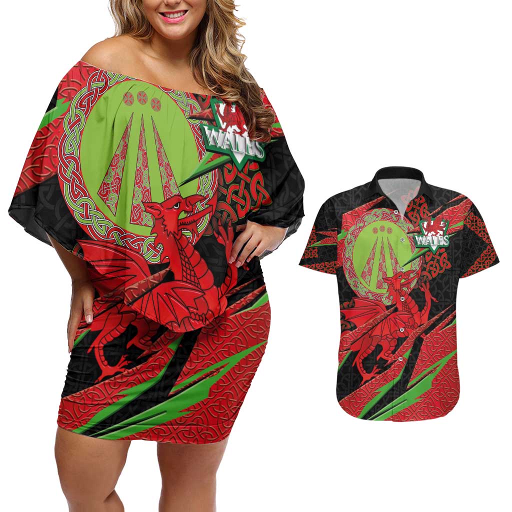 Welsh Celtic-Awen Couples Matching Off Shoulder Short Dress and Hawaiian Shirt Wales Y Ddraig Goch with Celtic Knot Sporty - Wonder Print Shop