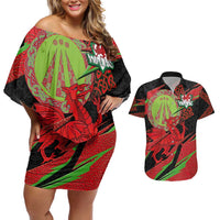 Welsh Celtic-Awen Couples Matching Off Shoulder Short Dress and Hawaiian Shirt Wales Y Ddraig Goch with Celtic Knot Sporty - Wonder Print Shop