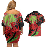 Welsh Celtic-Awen Couples Matching Off Shoulder Short Dress and Hawaiian Shirt Wales Y Ddraig Goch with Celtic Knot Sporty - Wonder Print Shop