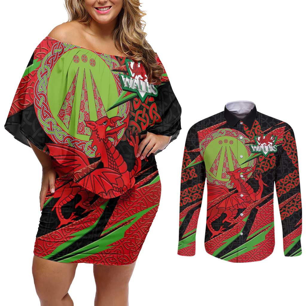 Welsh Celtic-Awen Couples Matching Off Shoulder Short Dress and Long Sleeve Button Shirt Wales Y Ddraig Goch with Celtic Knot Sporty - Wonder Print Shop