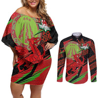 Welsh Celtic-Awen Couples Matching Off Shoulder Short Dress and Long Sleeve Button Shirt Wales Y Ddraig Goch with Celtic Knot Sporty - Wonder Print Shop