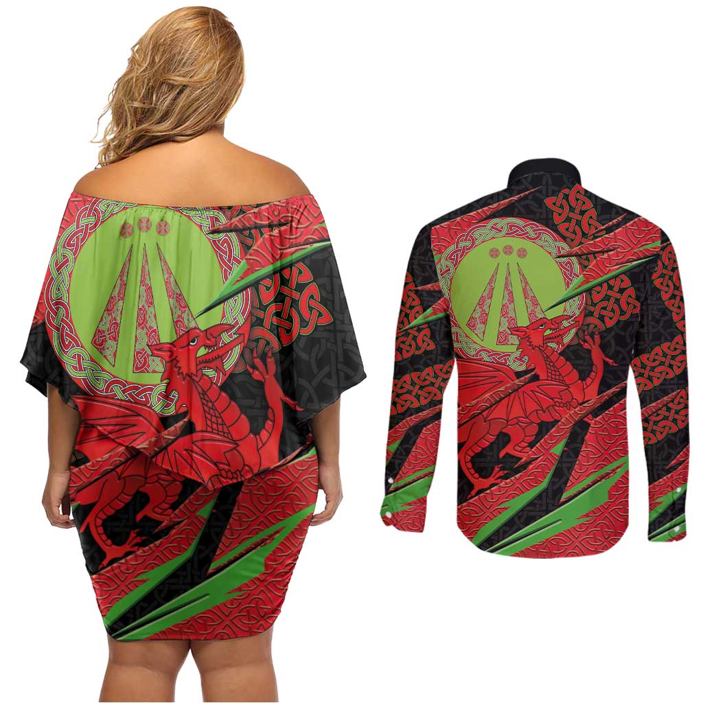 Welsh Celtic-Awen Couples Matching Off Shoulder Short Dress and Long Sleeve Button Shirt Wales Y Ddraig Goch with Celtic Knot Sporty - Wonder Print Shop