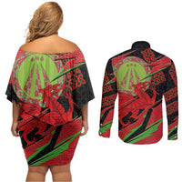 Welsh Celtic-Awen Couples Matching Off Shoulder Short Dress and Long Sleeve Button Shirt Wales Y Ddraig Goch with Celtic Knot Sporty - Wonder Print Shop