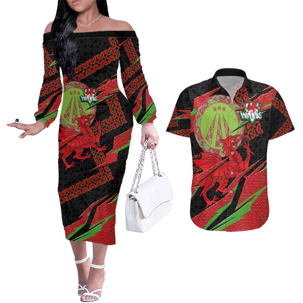 Welsh Celtic-Awen Couples Matching Off The Shoulder Long Sleeve Dress and Hawaiian Shirt Wales Y Ddraig Goch with Celtic Knot Sporty - Wonder Print Shop