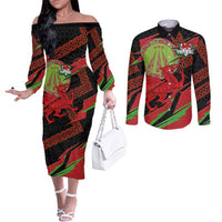 Welsh Celtic-Awen Couples Matching Off The Shoulder Long Sleeve Dress and Long Sleeve Button Shirt Wales Y Ddraig Goch with Celtic Knot Sporty - Wonder Print Shop