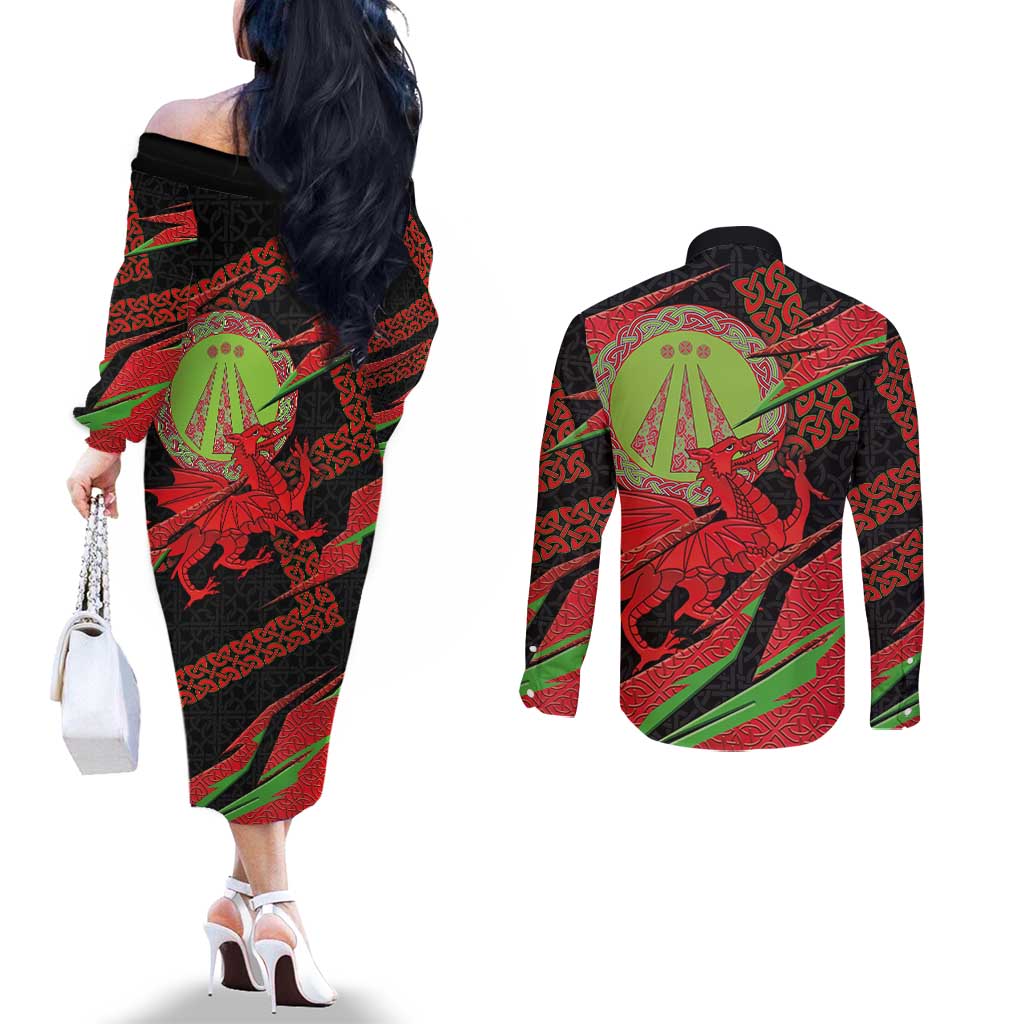 Welsh Celtic-Awen Couples Matching Off The Shoulder Long Sleeve Dress and Long Sleeve Button Shirt Wales Y Ddraig Goch with Celtic Knot Sporty - Wonder Print Shop