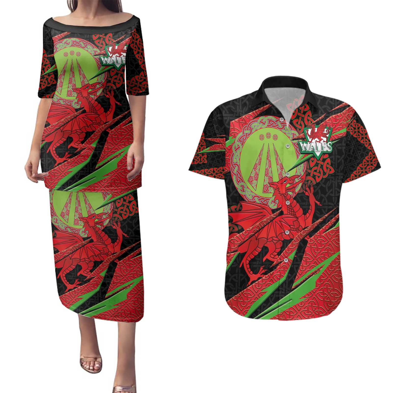 Welsh Celtic-Awen Couples Matching Puletasi and Hawaiian Shirt Wales Y Ddraig Goch with Celtic Knot Sporty - Wonder Print Shop