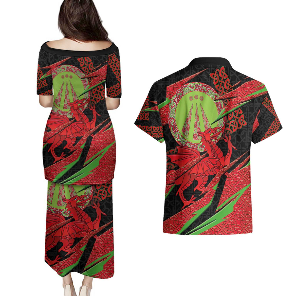 Welsh Celtic-Awen Couples Matching Puletasi and Hawaiian Shirt Wales Y Ddraig Goch with Celtic Knot Sporty - Wonder Print Shop