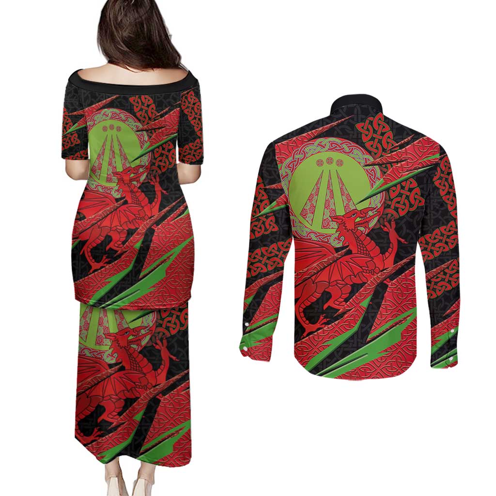 Welsh Celtic-Awen Couples Matching Puletasi and Long Sleeve Button Shirt Wales Y Ddraig Goch with Celtic Knot Sporty - Wonder Print Shop