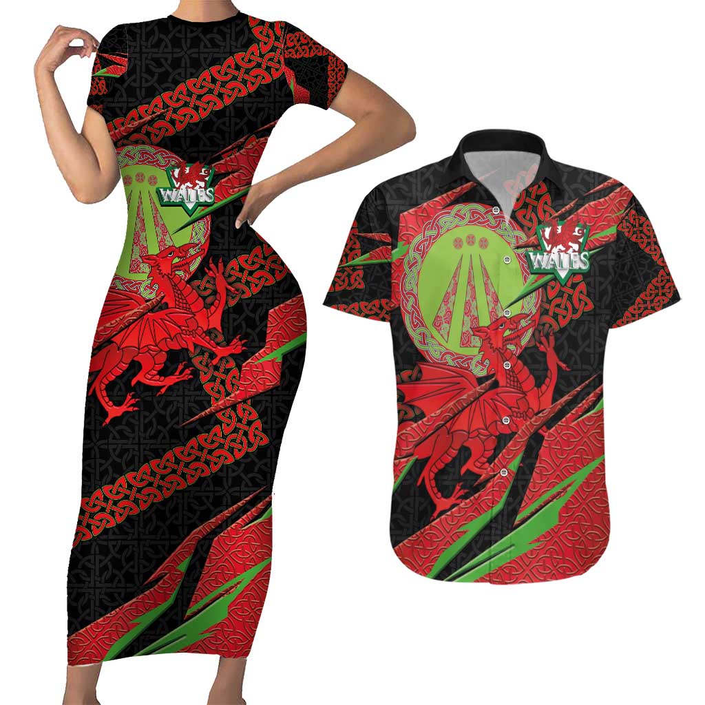 Welsh Celtic-Awen Couples Matching Short Sleeve Bodycon Dress and Hawaiian Shirt Wales Y Ddraig Goch with Celtic Knot Sporty - Wonder Print Shop