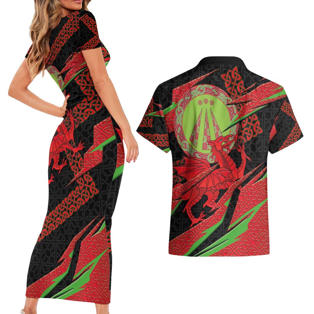 Welsh Celtic-Awen Couples Matching Short Sleeve Bodycon Dress and Hawaiian Shirt Wales Y Ddraig Goch with Celtic Knot Sporty - Wonder Print Shop