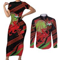 Welsh Celtic-Awen Couples Matching Short Sleeve Bodycon Dress and Long Sleeve Button Shirt Wales Y Ddraig Goch with Celtic Knot Sporty - Wonder Print Shop
