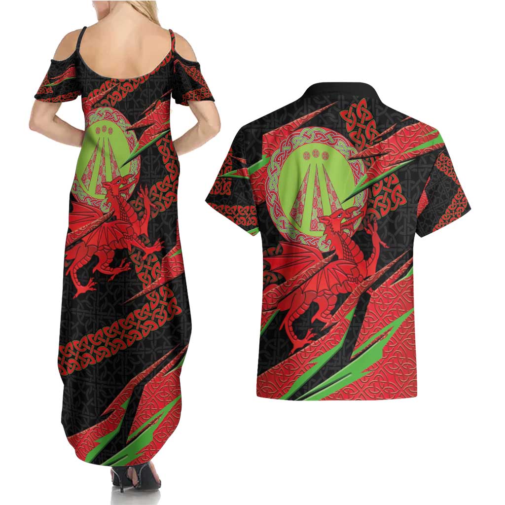 Welsh Celtic-Awen Couples Matching Summer Maxi Dress and Hawaiian Shirt Wales Y Ddraig Goch with Celtic Knot Sporty - Wonder Print Shop