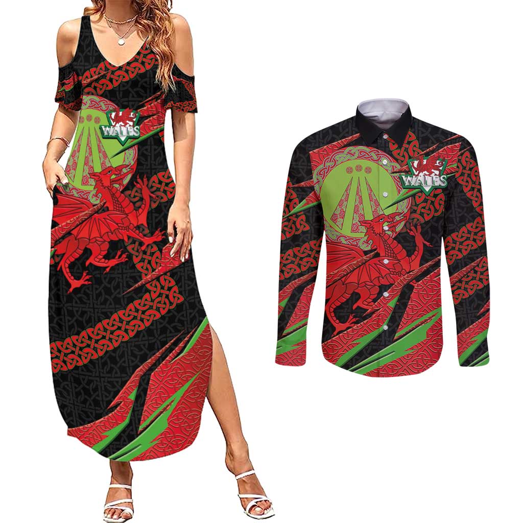 Welsh Celtic-Awen Couples Matching Summer Maxi Dress and Long Sleeve Button Shirt Wales Y Ddraig Goch with Celtic Knot Sporty - Wonder Print Shop