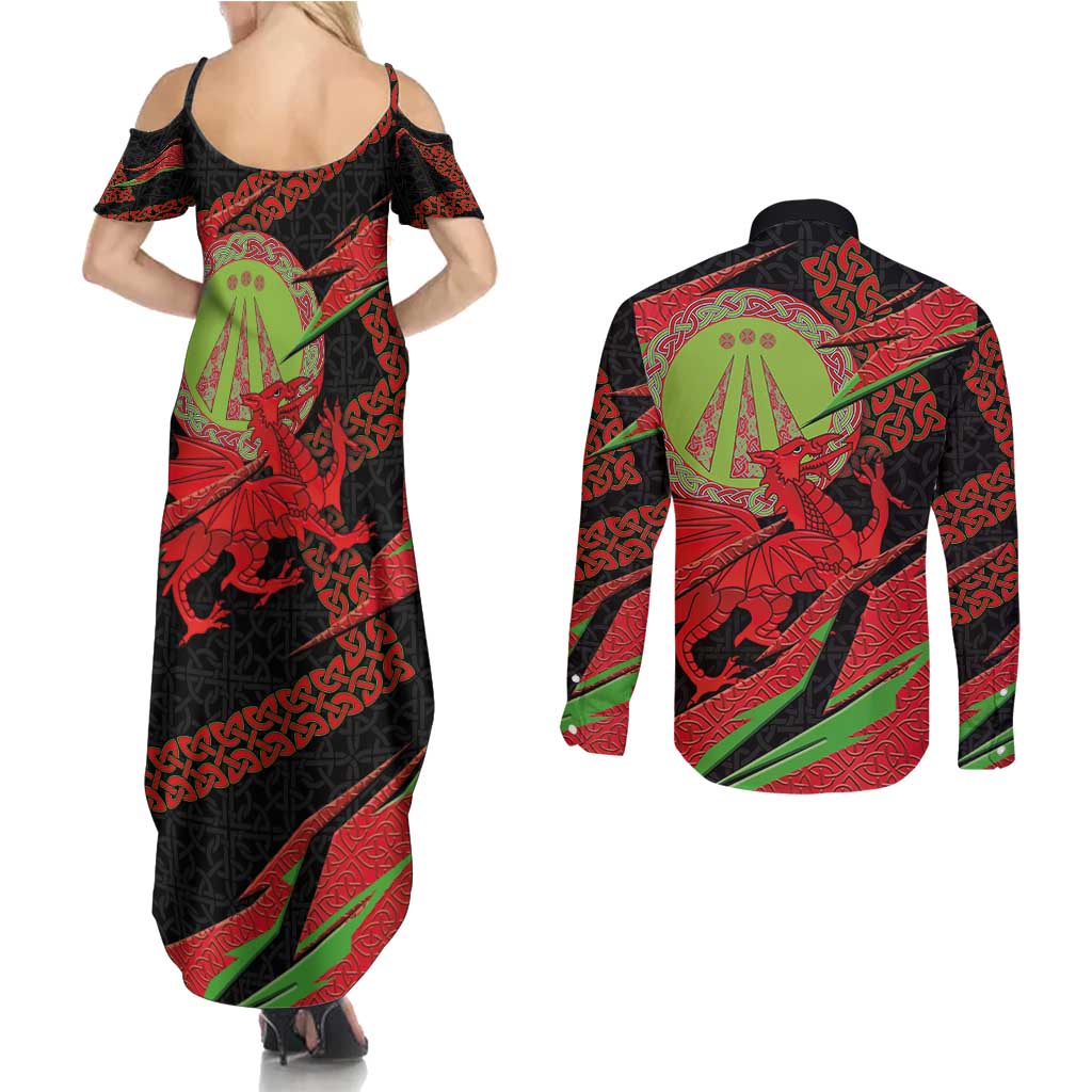 Welsh Celtic-Awen Couples Matching Summer Maxi Dress and Long Sleeve Button Shirt Wales Y Ddraig Goch with Celtic Knot Sporty - Wonder Print Shop