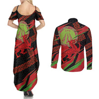 Welsh Celtic-Awen Couples Matching Summer Maxi Dress and Long Sleeve Button Shirt Wales Y Ddraig Goch with Celtic Knot Sporty - Wonder Print Shop