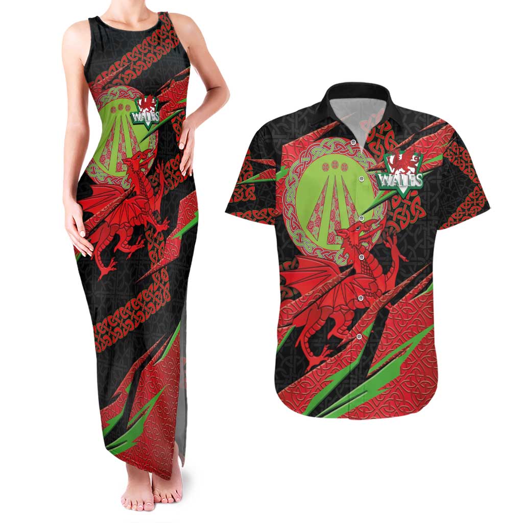 Welsh Celtic-Awen Couples Matching Tank Maxi Dress and Hawaiian Shirt Wales Y Ddraig Goch with Celtic Knot Sporty - Wonder Print Shop