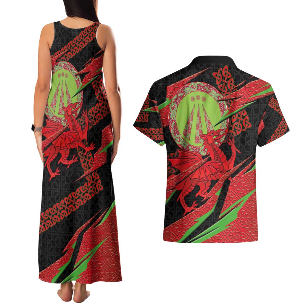 Welsh Celtic-Awen Couples Matching Tank Maxi Dress and Hawaiian Shirt Wales Y Ddraig Goch with Celtic Knot Sporty - Wonder Print Shop