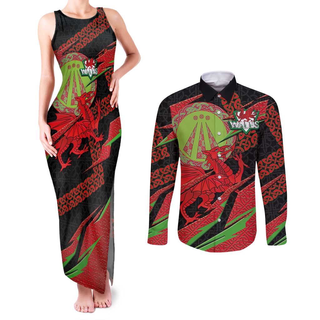 Welsh Celtic-Awen Couples Matching Tank Maxi Dress and Long Sleeve Button Shirt Wales Y Ddraig Goch with Celtic Knot Sporty - Wonder Print Shop