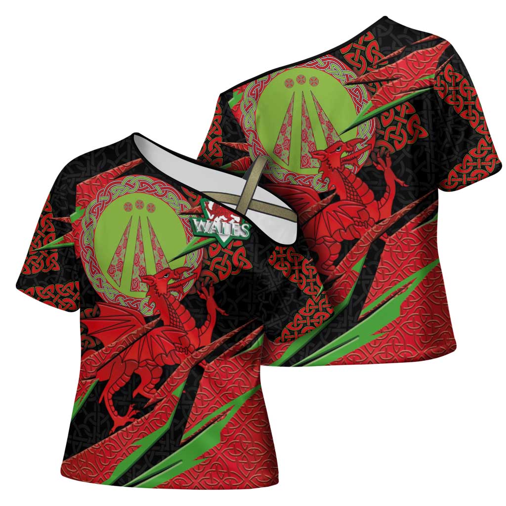 Welsh Celtic-Awen Cross Shoulder Shirt Wales Y Ddraig Goch with Celtic Knot Sporty - Wonder Print Shop