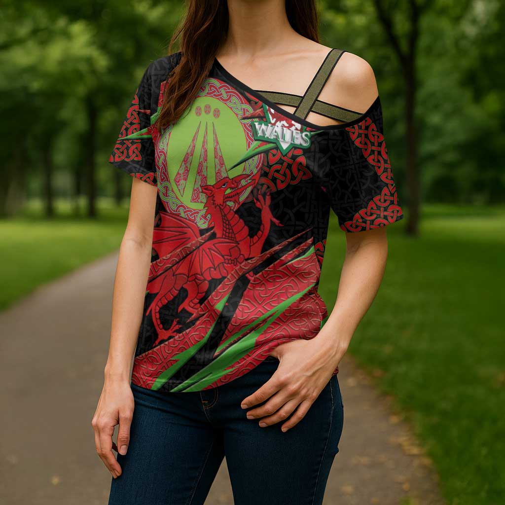 Welsh Celtic-Awen Cross Shoulder Shirt Wales Y Ddraig Goch with Celtic Knot Sporty - Wonder Print Shop