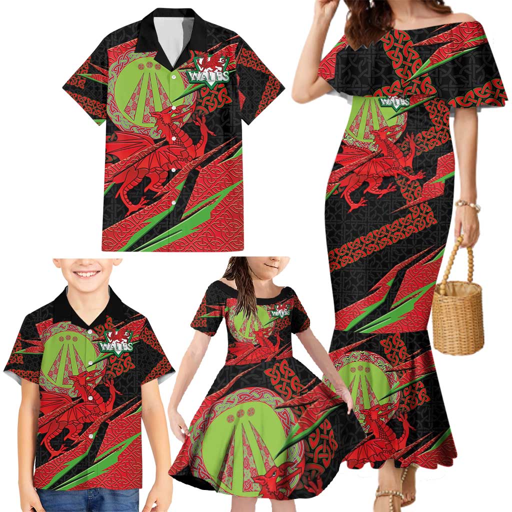 Welsh Celtic-Awen Family Matching Mermaid Dress and Hawaiian Shirt Wales Y Ddraig Goch with Celtic Knot Sporty - Wonder Print Shop