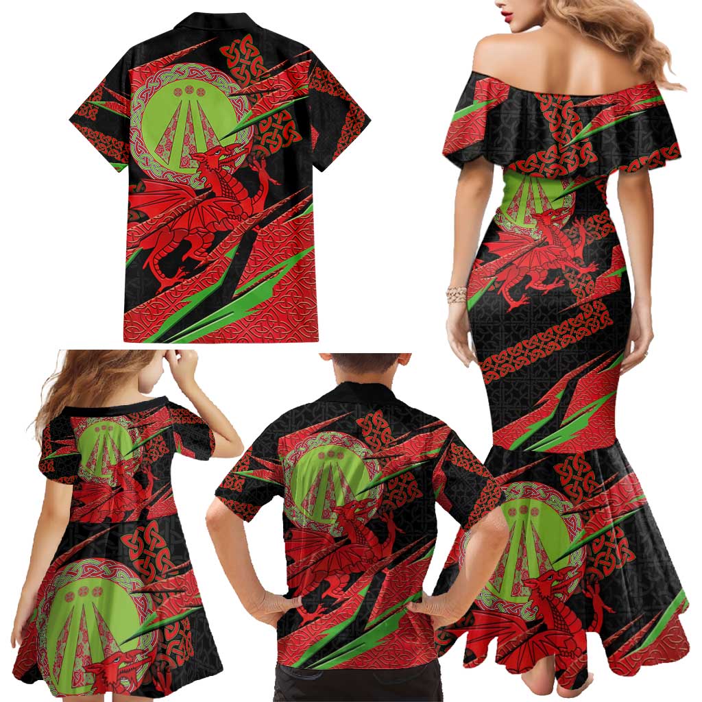 Welsh Celtic-Awen Family Matching Mermaid Dress and Hawaiian Shirt Wales Y Ddraig Goch with Celtic Knot Sporty - Wonder Print Shop