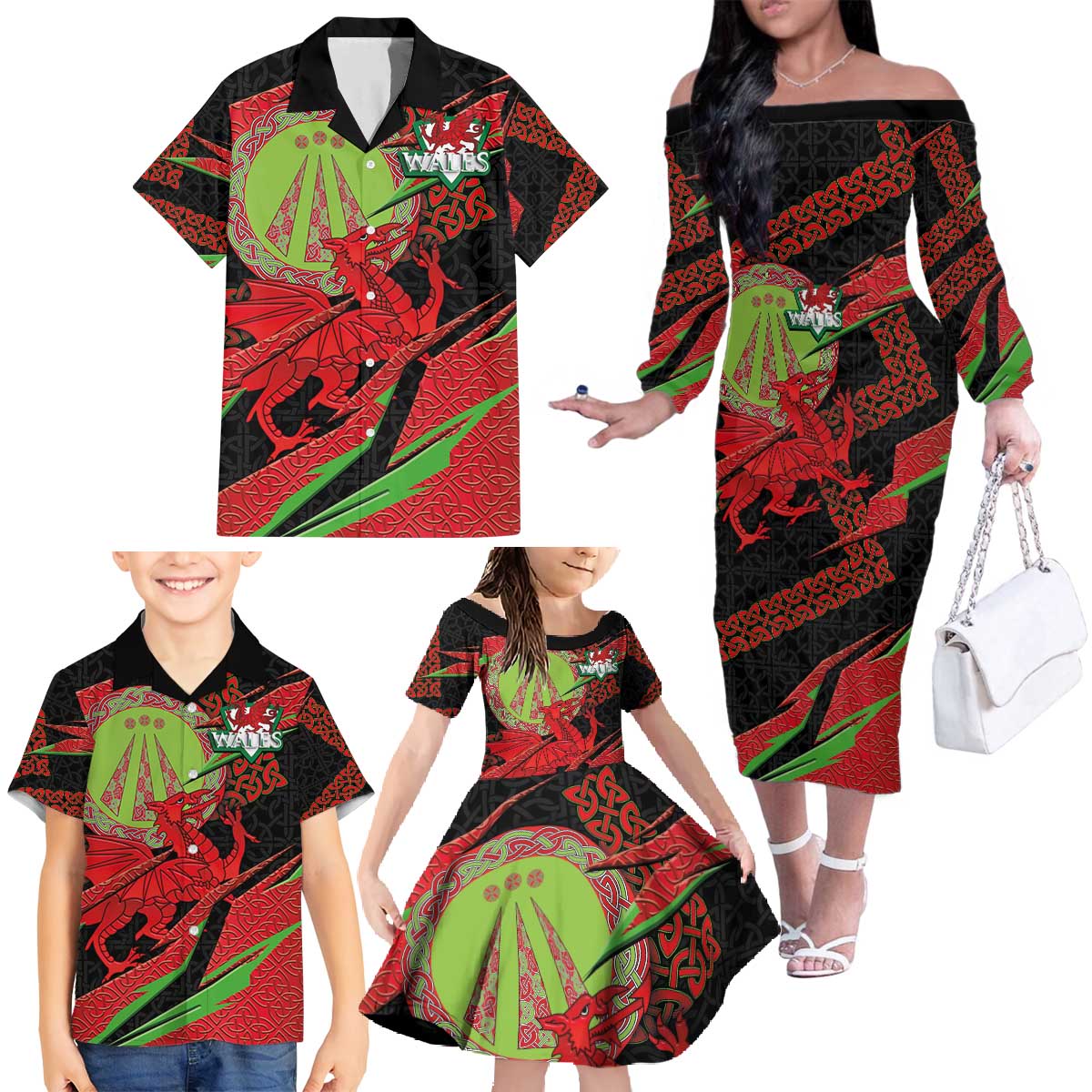 Welsh Celtic-Awen Family Matching Off The Shoulder Long Sleeve Dress and Hawaiian Shirt Wales Y Ddraig Goch with Celtic Knot Sporty - Wonder Print Shop