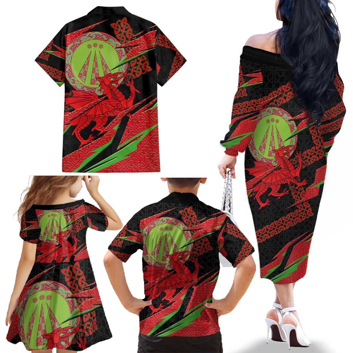 Welsh Celtic-Awen Family Matching Off The Shoulder Long Sleeve Dress and Hawaiian Shirt Wales Y Ddraig Goch with Celtic Knot Sporty - Wonder Print Shop