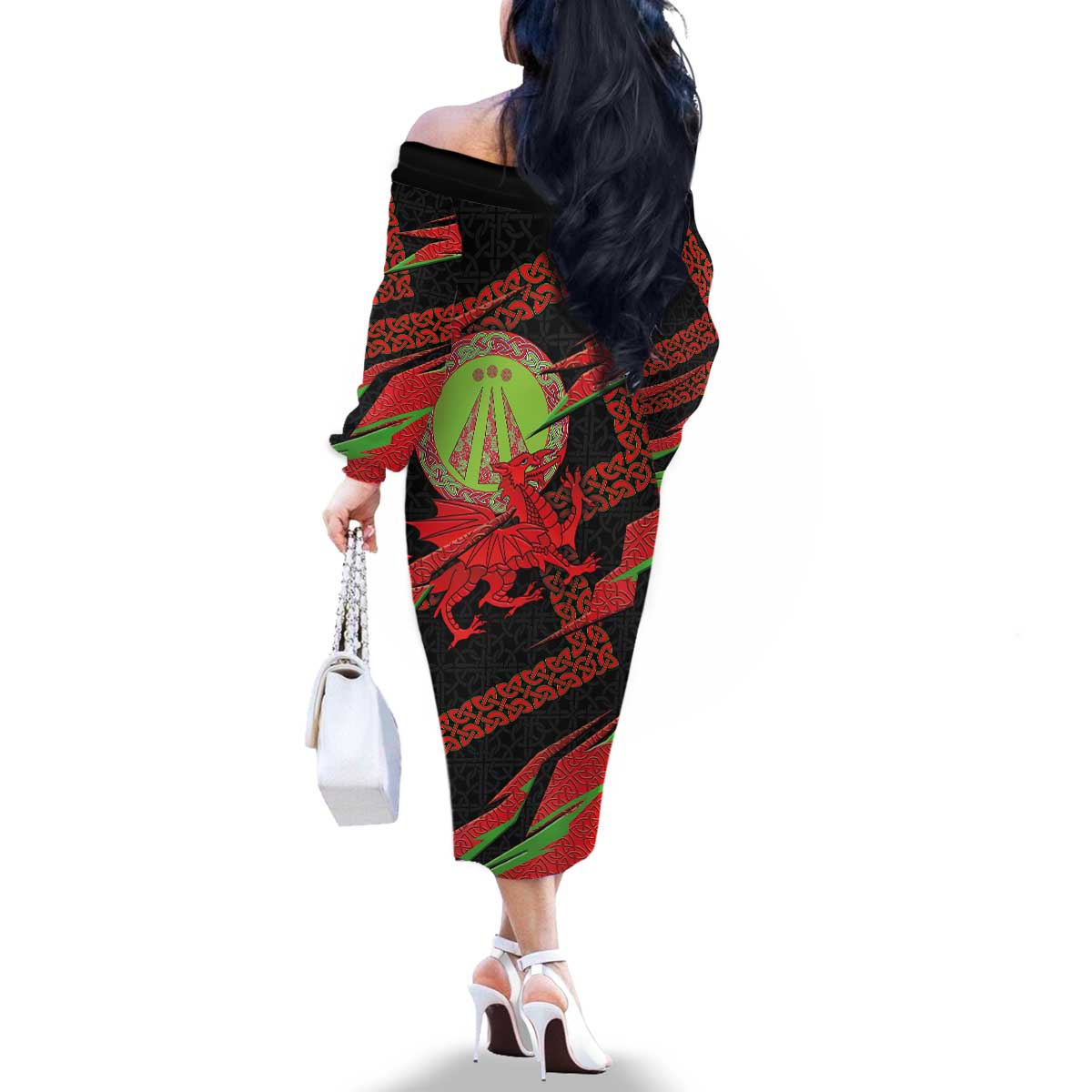 Welsh Celtic-Awen Family Matching Off The Shoulder Long Sleeve Dress and Hawaiian Shirt Wales Y Ddraig Goch with Celtic Knot Sporty - Wonder Print Shop