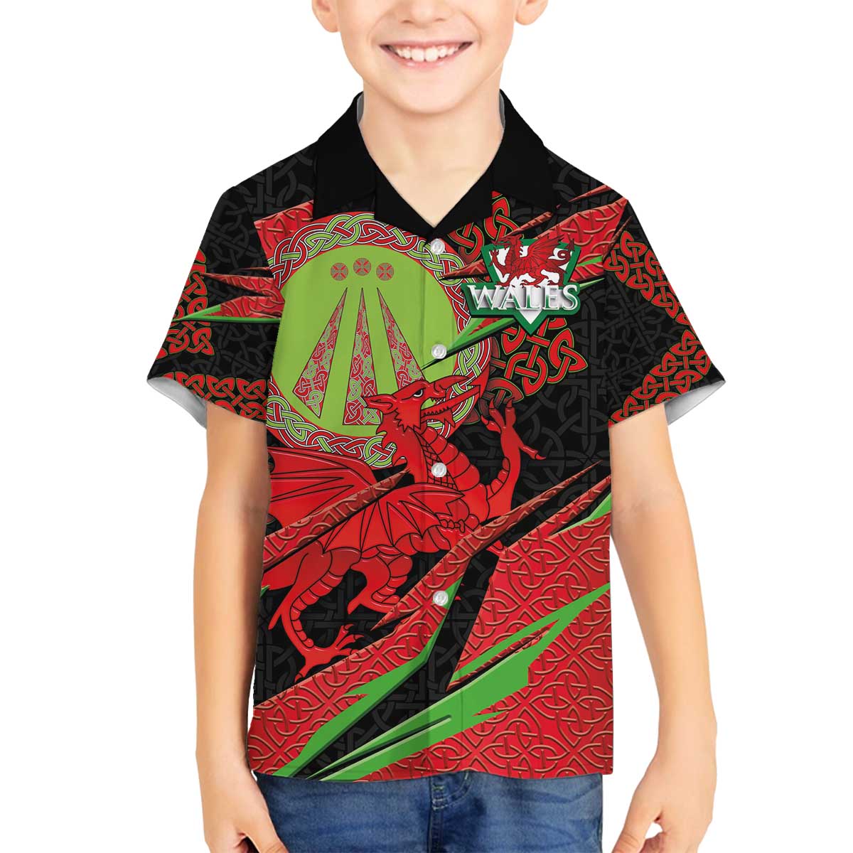 Welsh Celtic-Awen Family Matching Off The Shoulder Long Sleeve Dress and Hawaiian Shirt Wales Y Ddraig Goch with Celtic Knot Sporty - Wonder Print Shop