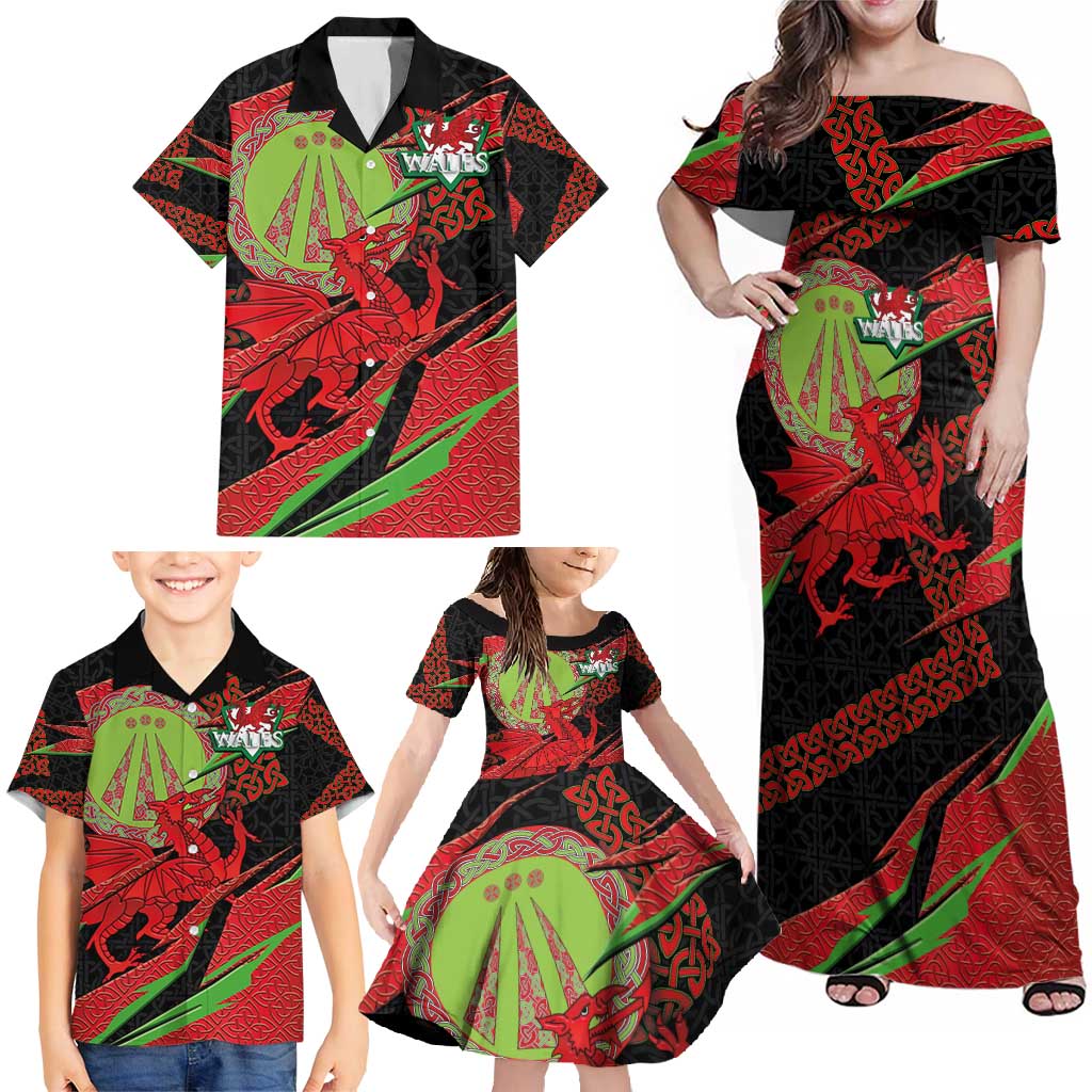 Welsh Celtic-Awen Family Matching Off Shoulder Maxi Dress and Hawaiian Shirt Wales Y Ddraig Goch with Celtic Knot Sporty - Wonder Print Shop