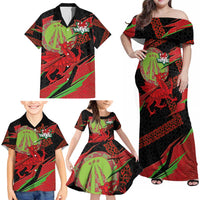 Welsh Celtic-Awen Family Matching Off Shoulder Maxi Dress and Hawaiian Shirt Wales Y Ddraig Goch with Celtic Knot Sporty - Wonder Print Shop
