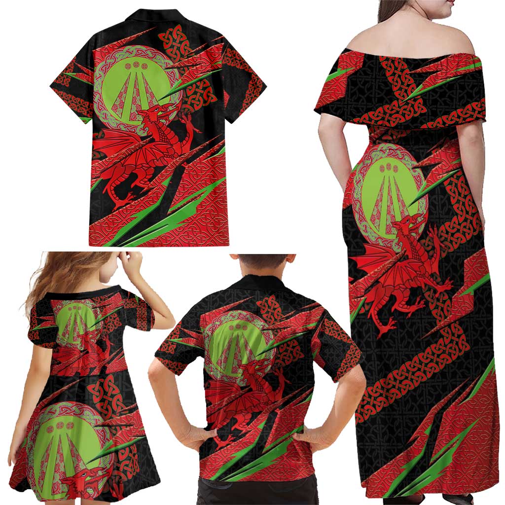 Welsh Celtic-Awen Family Matching Off Shoulder Maxi Dress and Hawaiian Shirt Wales Y Ddraig Goch with Celtic Knot Sporty - Wonder Print Shop