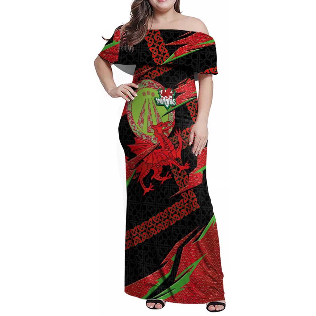 Welsh Celtic-Awen Family Matching Off Shoulder Maxi Dress and Hawaiian Shirt Wales Y Ddraig Goch with Celtic Knot Sporty - Wonder Print Shop