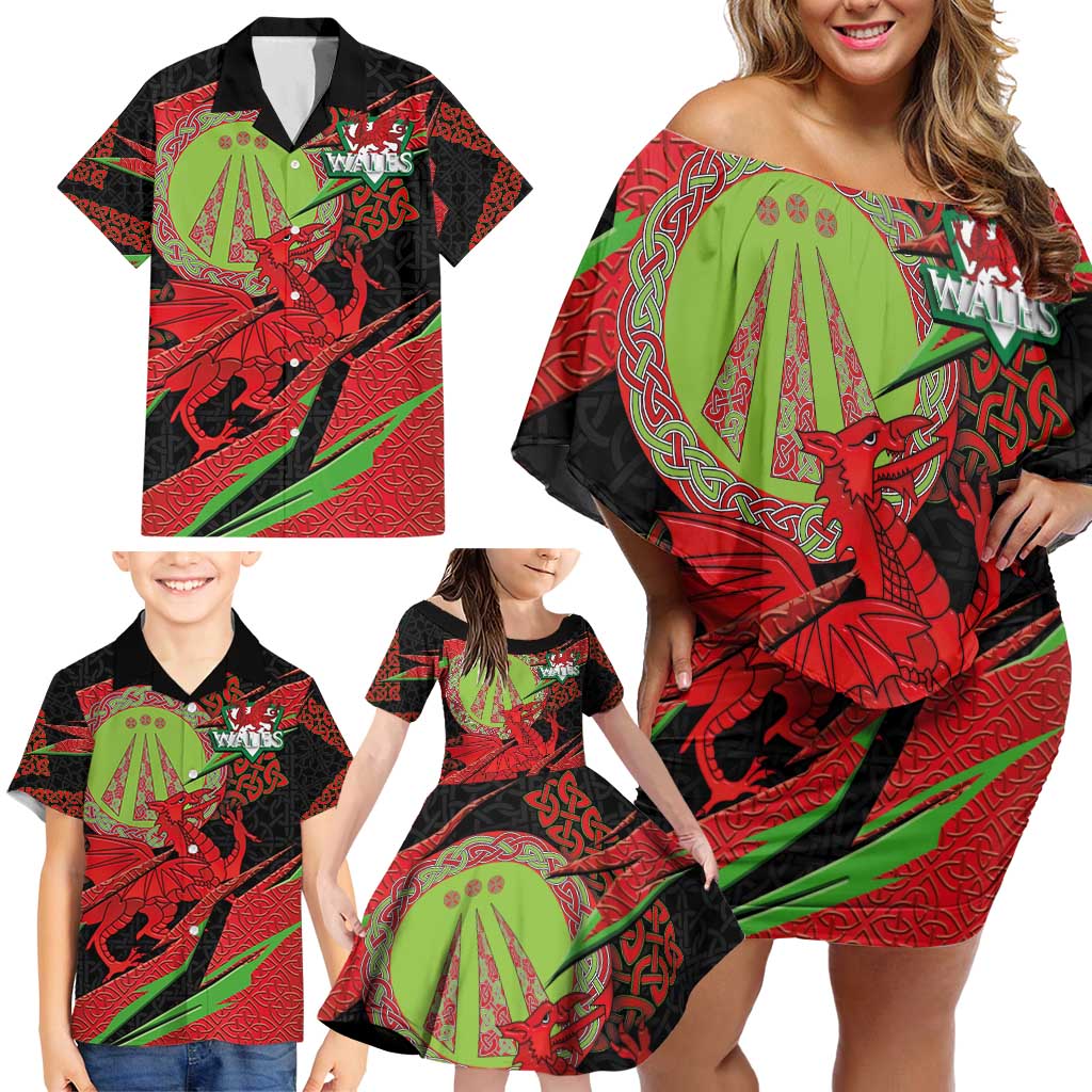 Welsh Celtic-Awen Family Matching Off Shoulder Short Dress and Hawaiian Shirt Wales Y Ddraig Goch with Celtic Knot Sporty - Wonder Print Shop