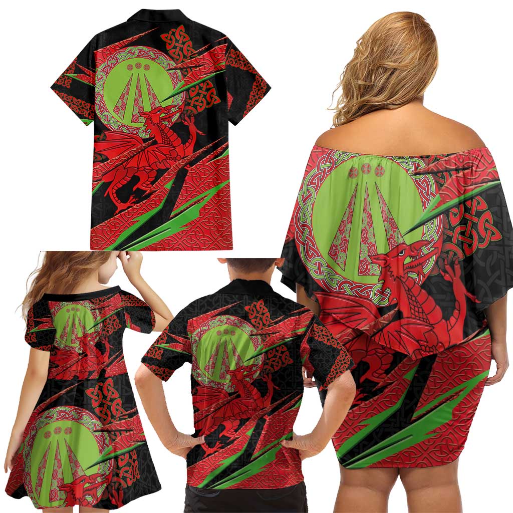 Welsh Celtic-Awen Family Matching Off Shoulder Short Dress and Hawaiian Shirt Wales Y Ddraig Goch with Celtic Knot Sporty - Wonder Print Shop