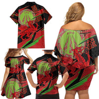 Welsh Celtic-Awen Family Matching Off Shoulder Short Dress and Hawaiian Shirt Wales Y Ddraig Goch with Celtic Knot Sporty - Wonder Print Shop