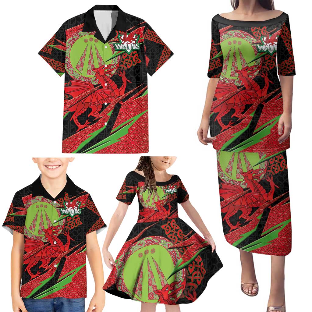 Welsh Celtic-Awen Family Matching Puletasi and Hawaiian Shirt Wales Y Ddraig Goch with Celtic Knot Sporty - Wonder Print Shop