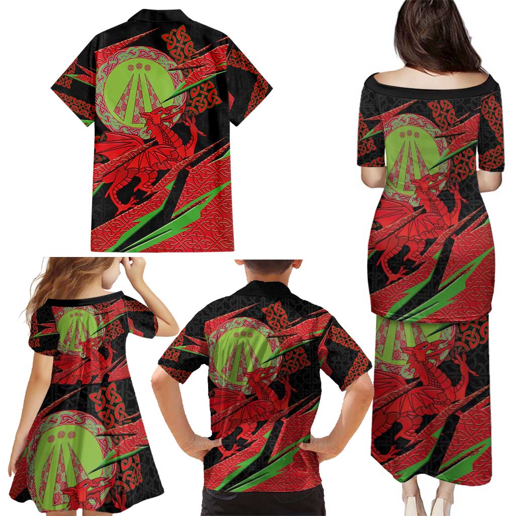 Welsh Celtic-Awen Family Matching Puletasi and Hawaiian Shirt Wales Y Ddraig Goch with Celtic Knot Sporty - Wonder Print Shop