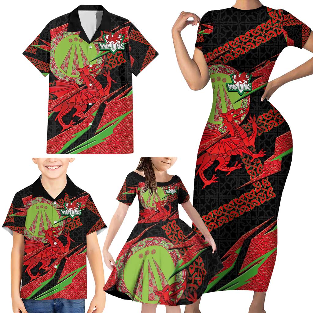 Welsh Celtic-Awen Family Matching Short Sleeve Bodycon Dress and Hawaiian Shirt Wales Y Ddraig Goch with Celtic Knot Sporty - Wonder Print Shop