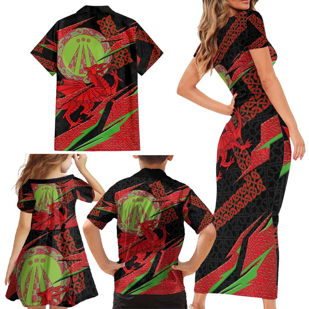 Welsh Celtic-Awen Family Matching Short Sleeve Bodycon Dress and Hawaiian Shirt Wales Y Ddraig Goch with Celtic Knot Sporty - Wonder Print Shop