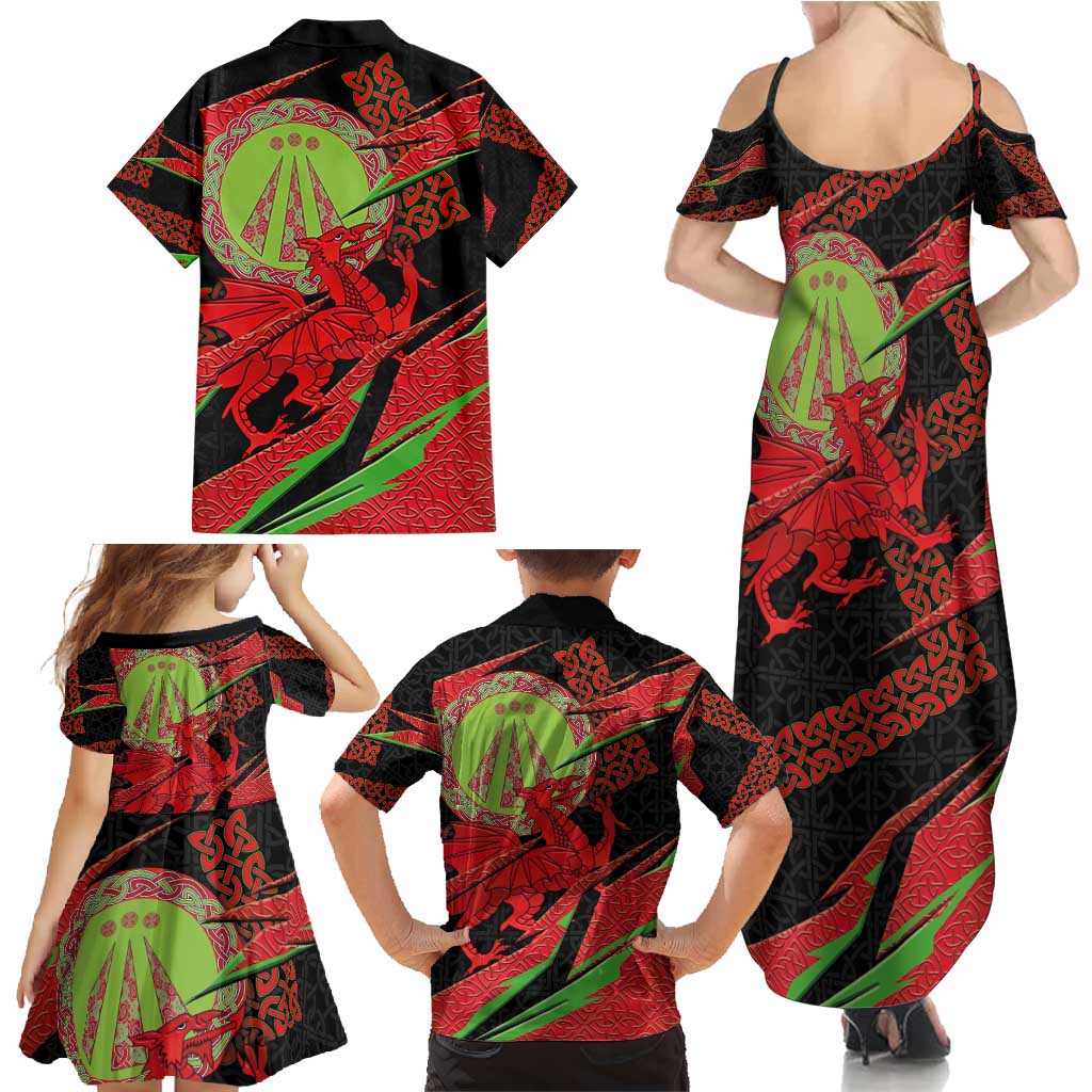 Welsh Celtic-Awen Family Matching Summer Maxi Dress and Hawaiian Shirt Wales Y Ddraig Goch with Celtic Knot Sporty - Wonder Print Shop