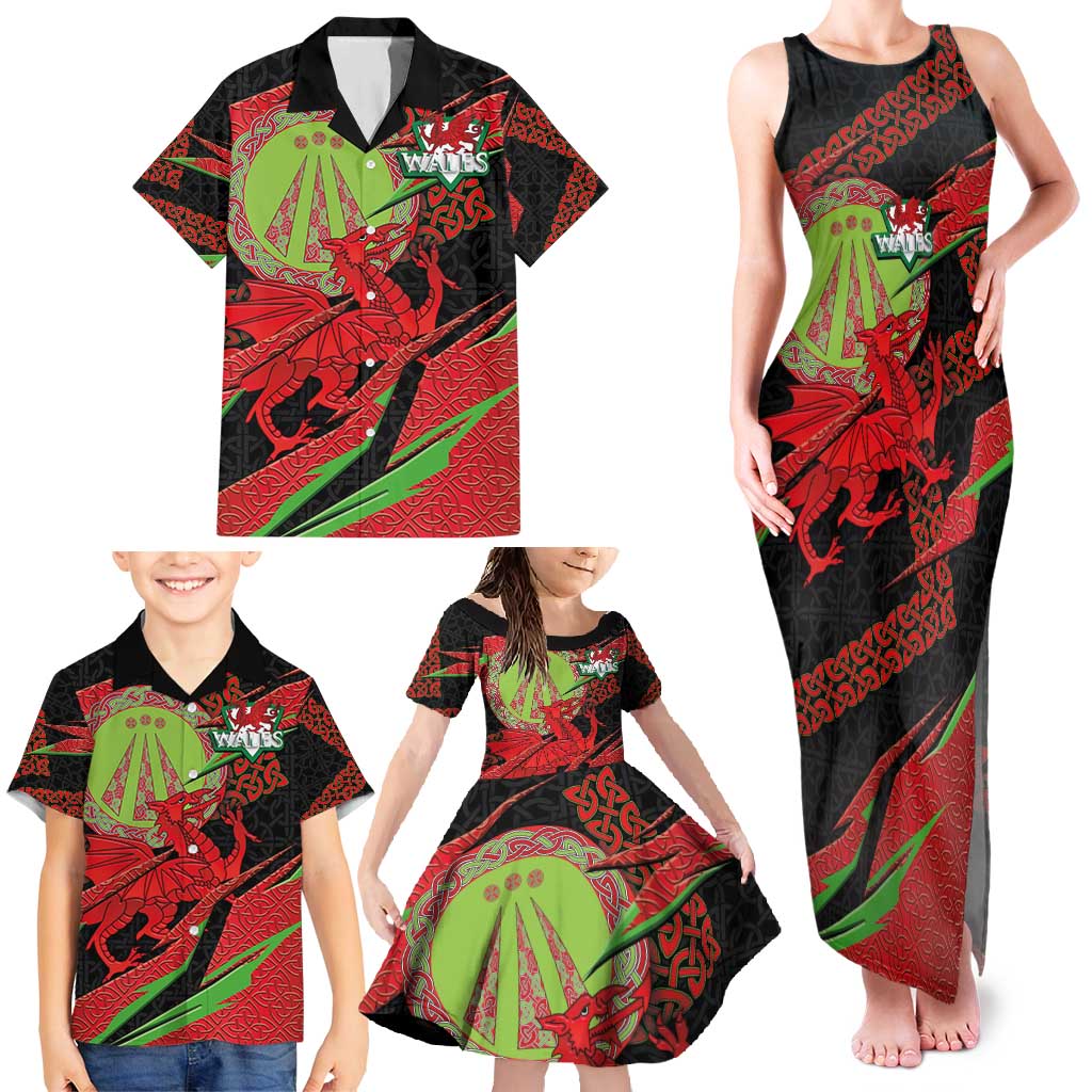 Welsh Celtic-Awen Family Matching Tank Maxi Dress and Hawaiian Shirt Wales Y Ddraig Goch with Celtic Knot Sporty - Wonder Print Shop