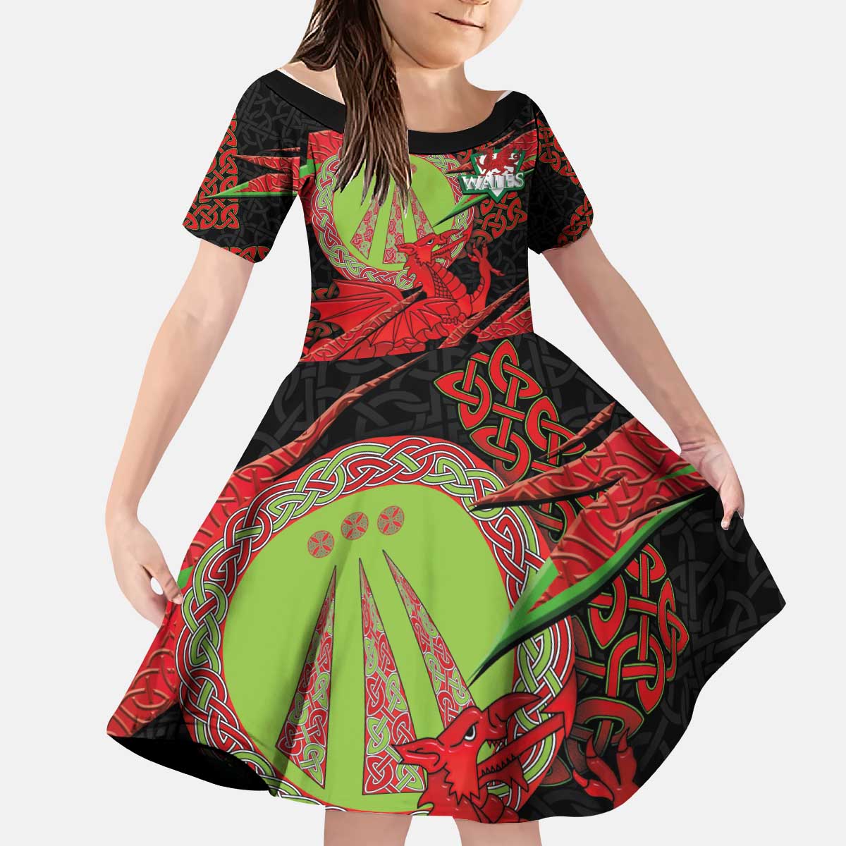 Welsh Celtic-Awen Kid Short Sleeve Dress Wales Y Ddraig Goch with Celtic Knot Sporty - Wonder Print Shop